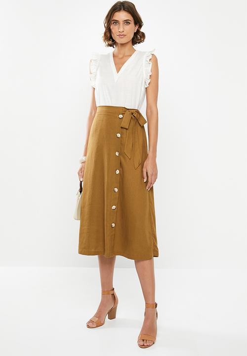 edit - Button down linen skirt - tan