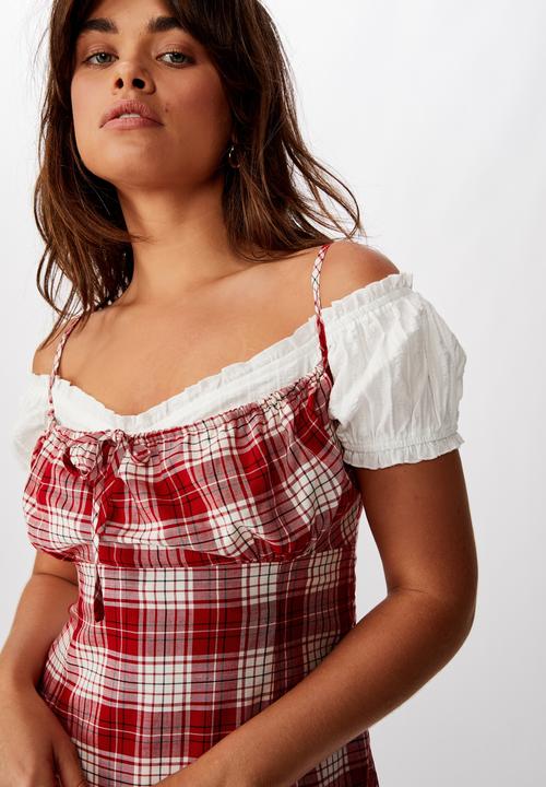 Factorie - Tie front mini dress bailey check - red
