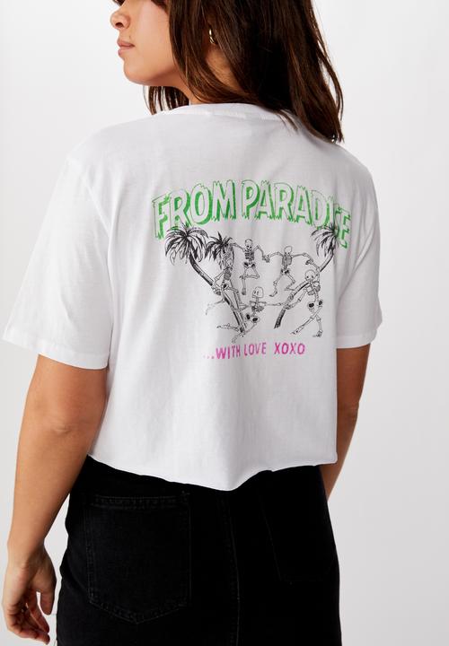 Factorie - Short sleeve raw edge crop t shirt skeleton paradise - white