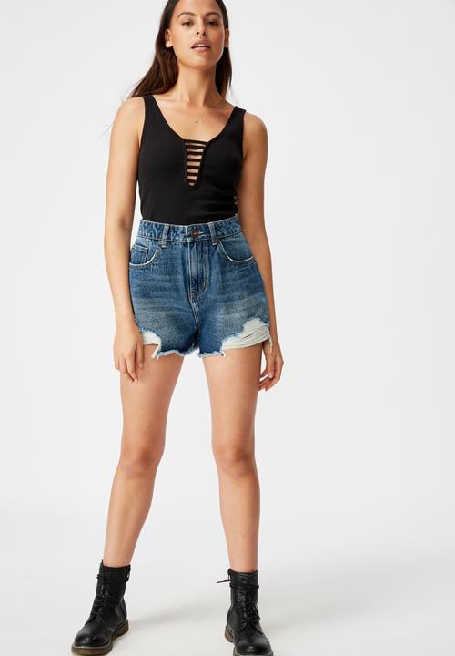 Factorie - High rise denim shorts - distressed deep blue
