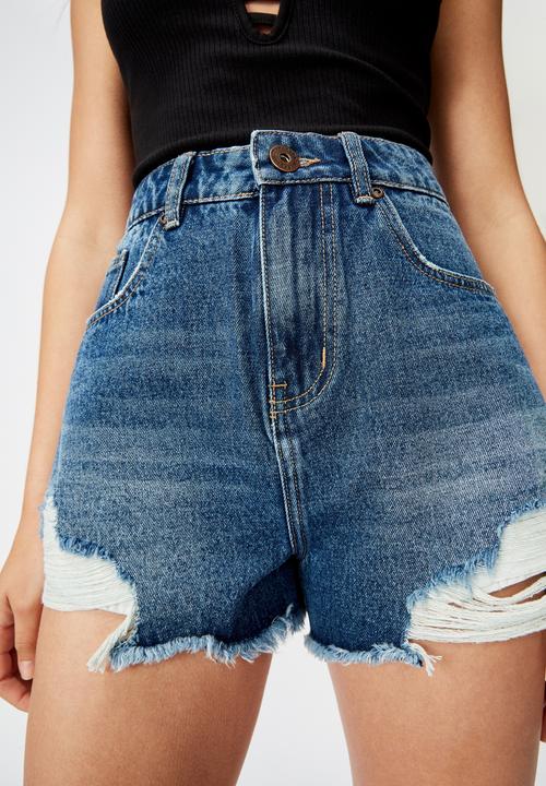 Factorie - High rise denim shorts - distressed deep blue
