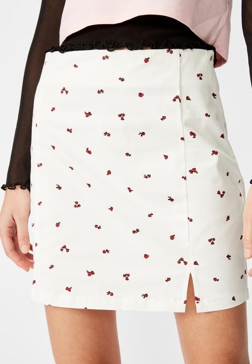 Factorie - Double split mini skirt rose posie - white