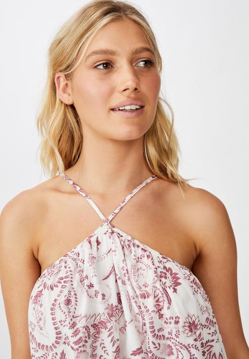 Cotton On - Woven haven halter mini dress - white & pink 