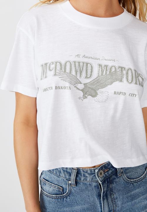 Cotton On - Tbar cali graphic crop tee mcdowd motors - white