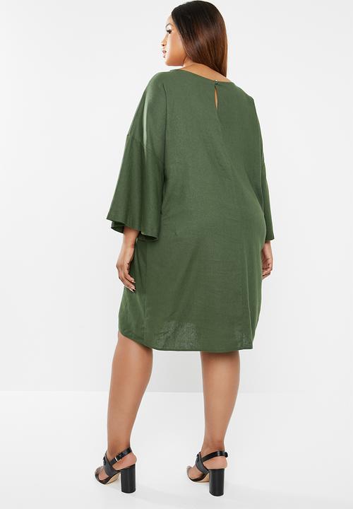edit Plus - Volume sleeve linen dress - khaki