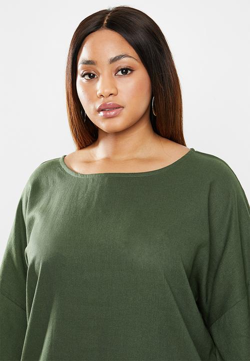edit Plus - Volume sleeve linen dress - khaki