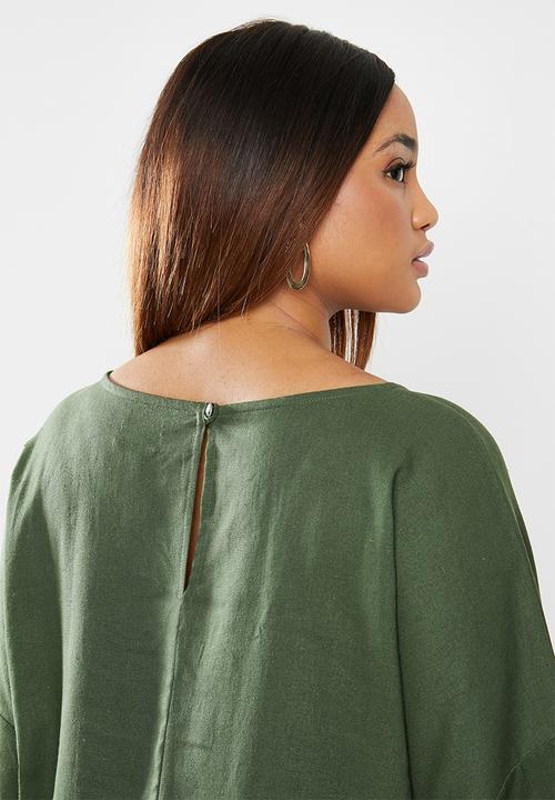 edit Plus - Volume sleeve linen dress - khaki