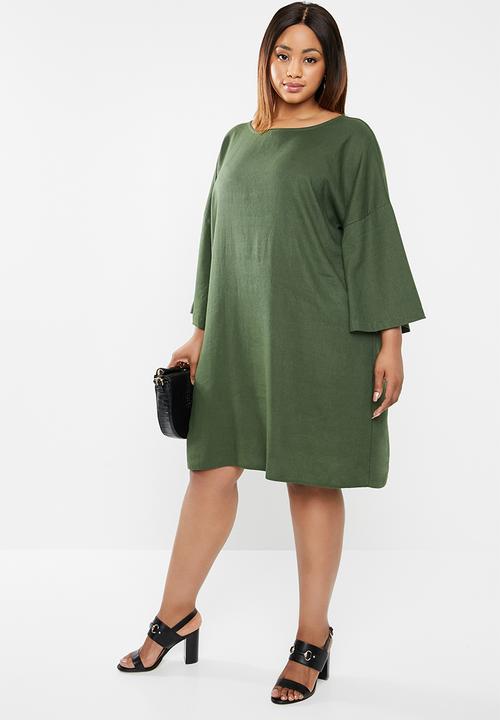 edit Plus - Volume sleeve linen dress - khaki