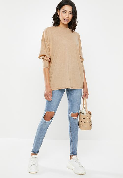 Missguided - Long sleeve drop shoulder T-shirt - beige