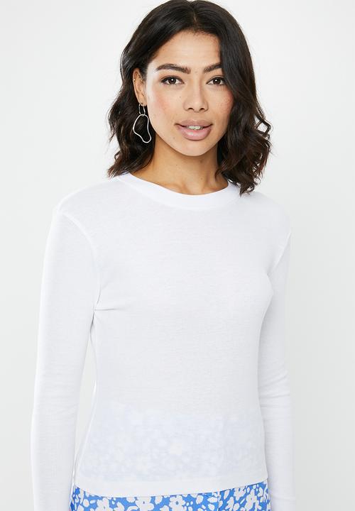 Missguided - Long sleeve crew neck ribbed top - white