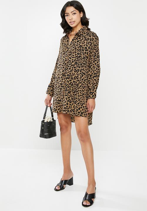 Missguided - Oversized dip back shirt dress leopard - brown & black 