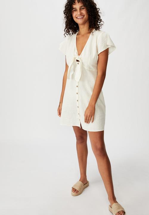 Cotton On - Woven miranda tie front short sleeve mini dress - cream 