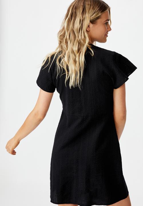 Cotton On - Woven miranda tie front short sleeve mini dress - black