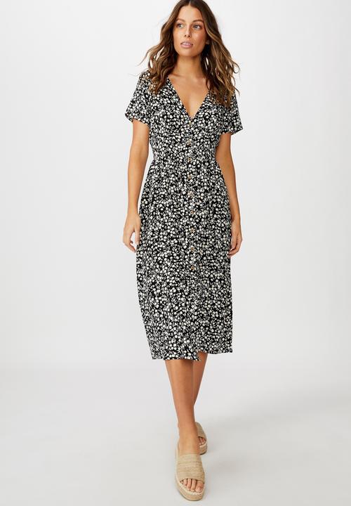 Cotton On - Woven clover short sleeve midi dress - black & white