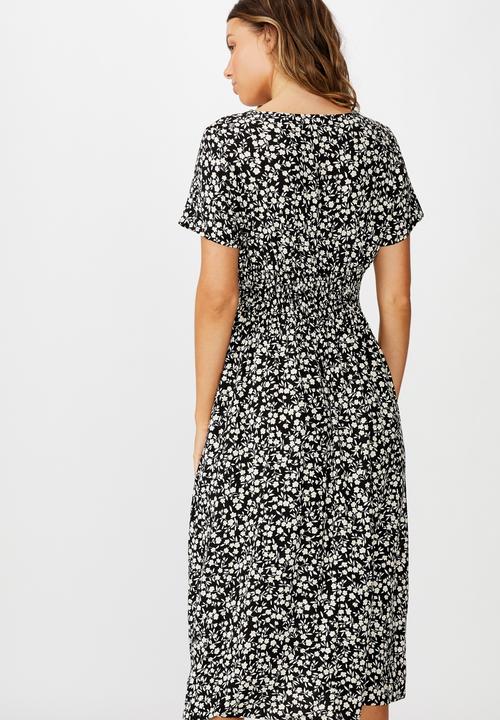 Cotton On - Woven clover short sleeve midi dress - black & white