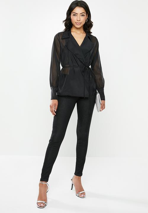 Missguided - Organza belted wrap blouse - black