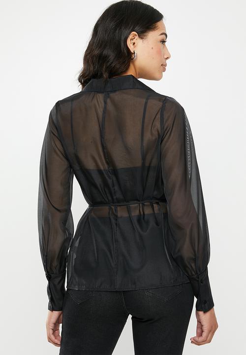 Missguided - Organza belted wrap blouse - black