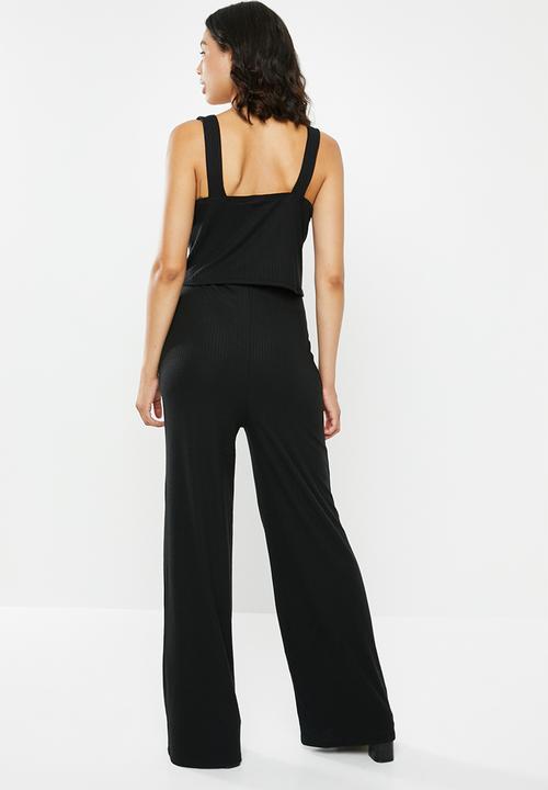 Missguided - Rib button detail vest top wide leg set - black