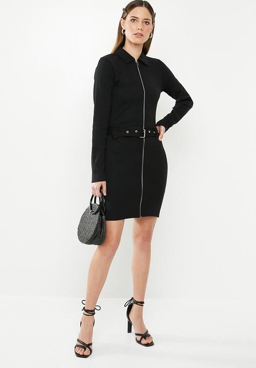 Missguided - Ribbed polo zip front mini dress - black