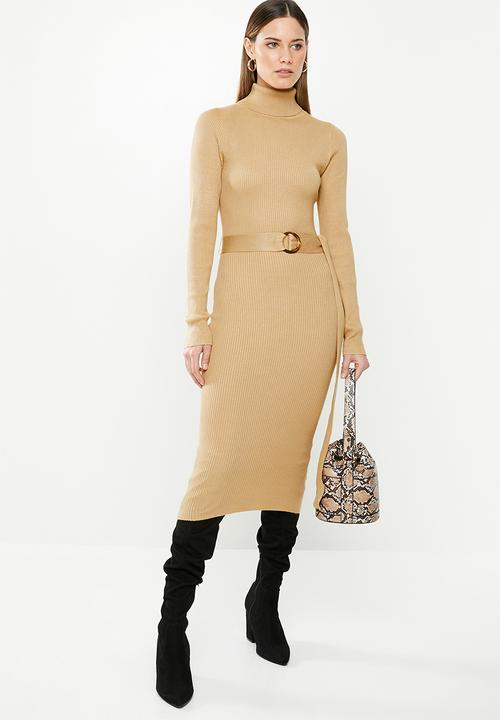 Missguided - Belted roll neck ribbed midi dress - beige 