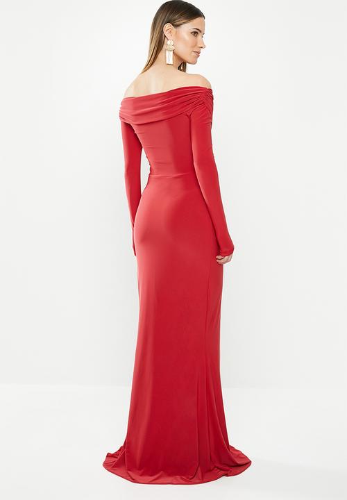 Missguided - Slinky long sleeve bardot maxi dress - red