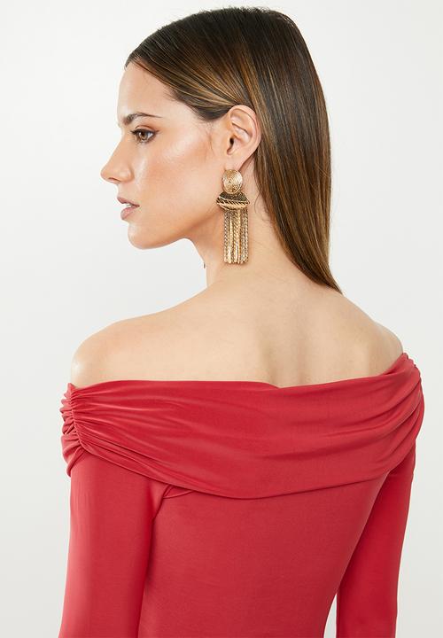 Missguided - Slinky long sleeve bardot maxi dress - red