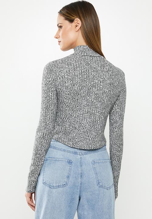 Missguided - High neck rib curve hem long sleeve top - grey