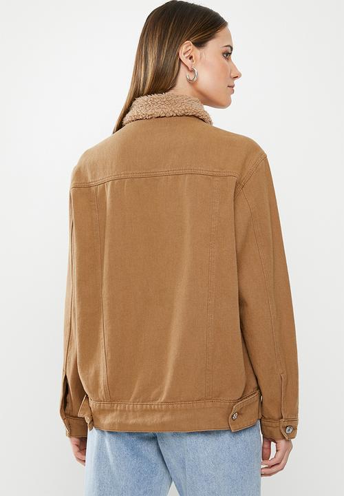 Missguided - Borg collar oversized denim jacket - tan