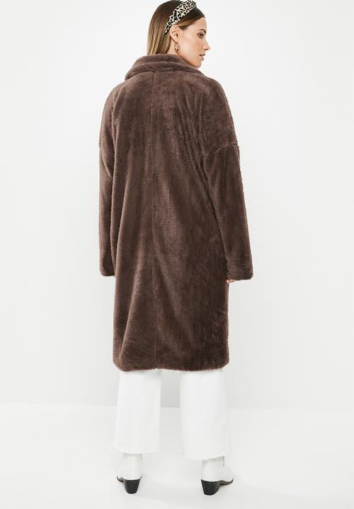 Missguided - Tortoise button faux fur crombie coat - brown