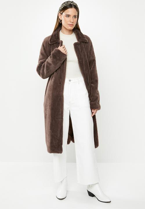 Missguided - Tortoise button faux fur crombie coat - brown
