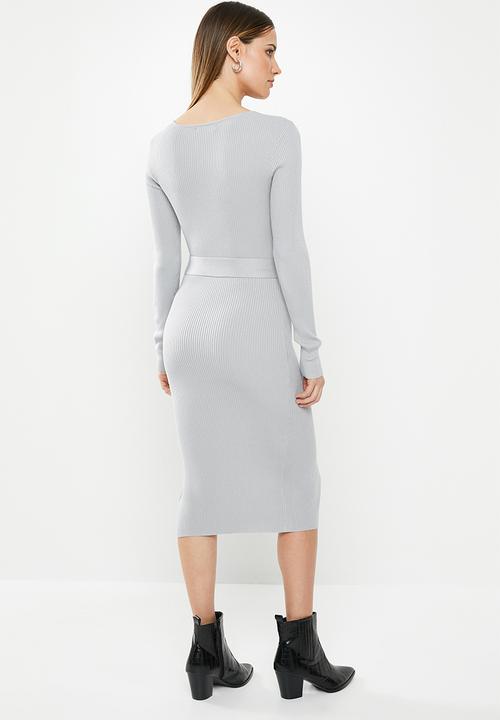 Missguided - Ribbed tie waist midi dress - grey