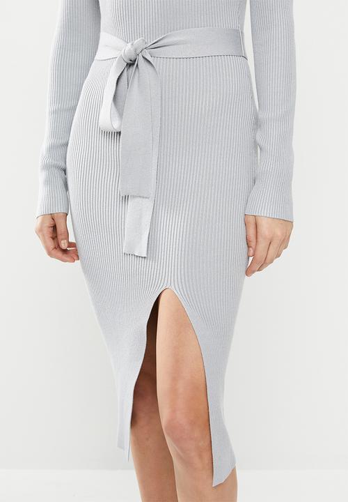 Missguided - Ribbed tie waist midi dress - grey