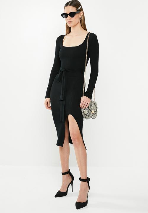 Missguided - Ribbed tie waist midi dress - black 