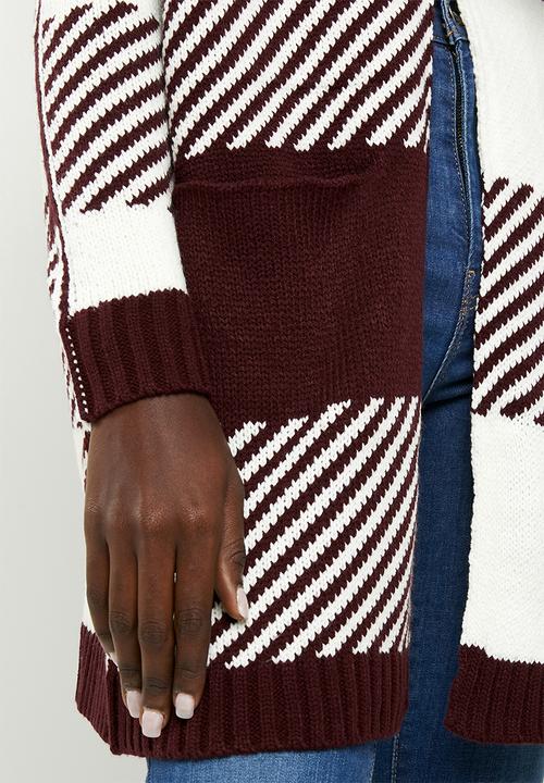 ONLY - Kasey long sleeve long cardigan knit - white & burgundy 