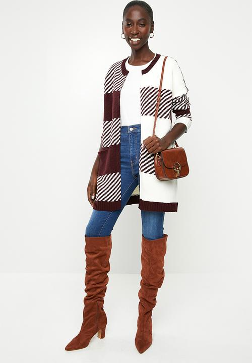 ONLY - Kasey long sleeve long cardigan knit - white & burgundy 