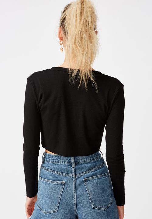 Cotton On - Rhys button through rib henley long sleeve top - black