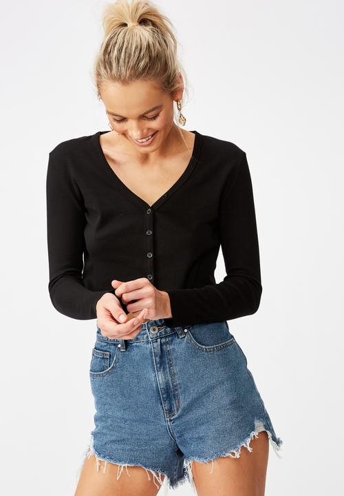 Cotton On - Rhys button through rib henley long sleeve top - black