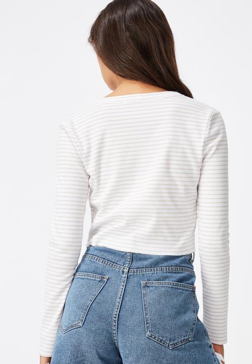 Cotton On - Rhys button through rib henley long sleeve top - white & grey 