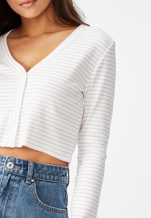 Cotton On - Rhys button through rib henley long sleeve top - white & grey 