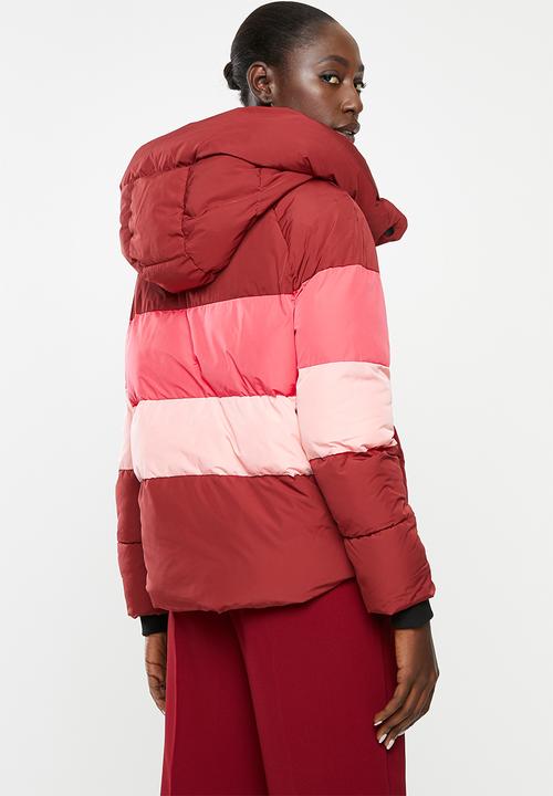 ONLY - Mari blocked padded nylon jacket - pink & burgundy 