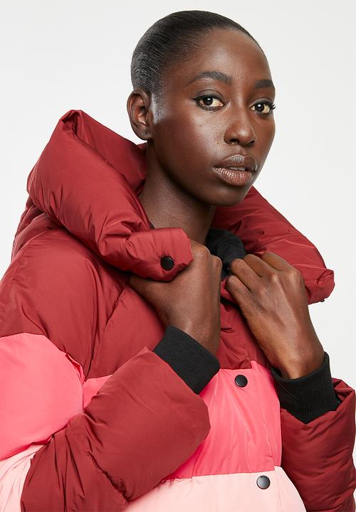 ONLY - Mari blocked padded nylon jacket - pink & burgundy 
