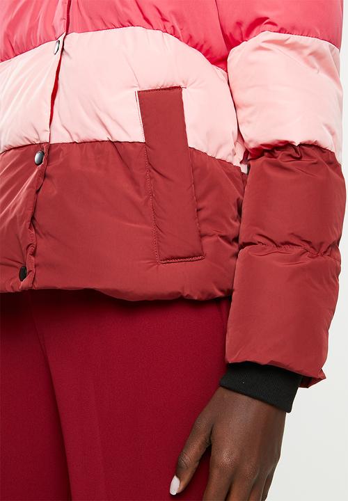 ONLY - Mari blocked padded nylon jacket - pink & burgundy 