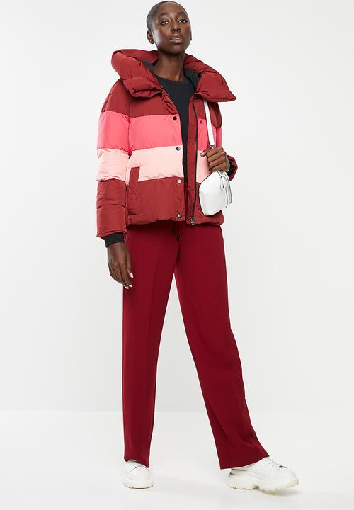 ONLY - Mari blocked padded nylon jacket - pink & burgundy 