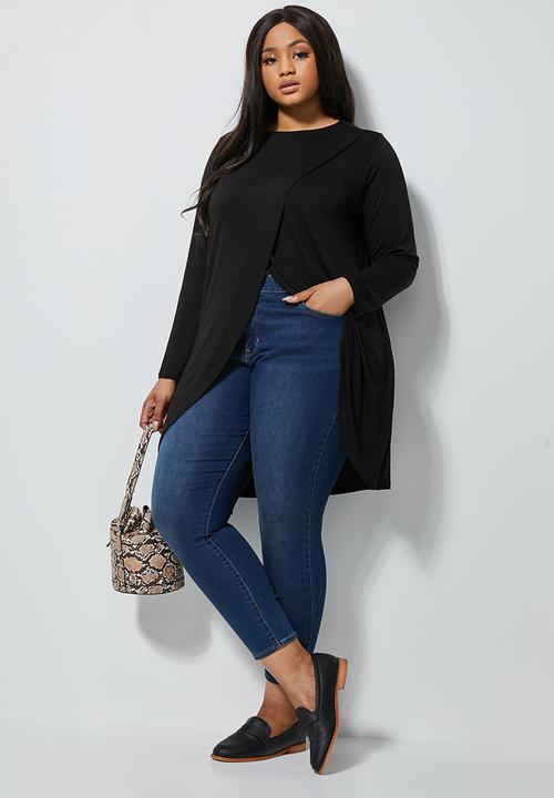 edit Plus - Long sleeve mock wrap top - black