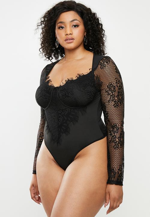 Missguided - Plus lace long sleeve cupped bodysuit - black
