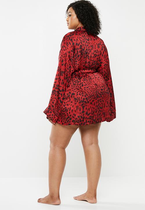 Missguided - Curve leopard print satin kimono sleeve dress - red & black