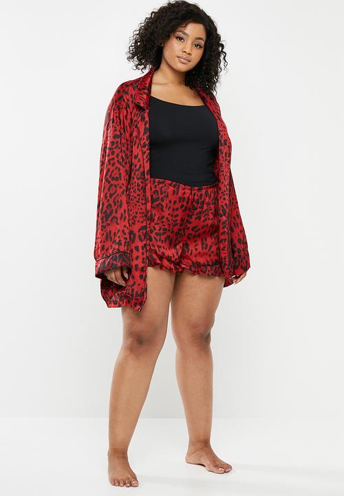 Missguided - Curve leopard print satin frill pj shorts - red & black