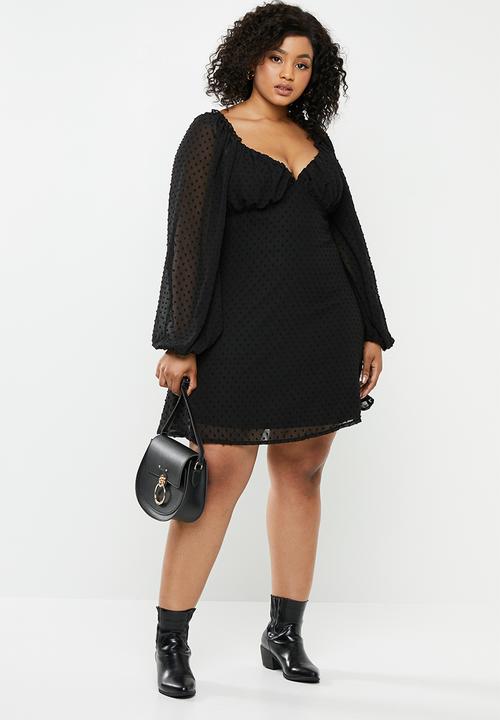 Missguided - Curve dobby milkmaid long sleeve aline dress - black