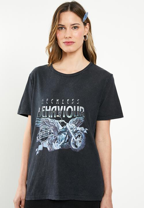 Factorie - Relaxed graphic T-shirt reckless behaviour - black