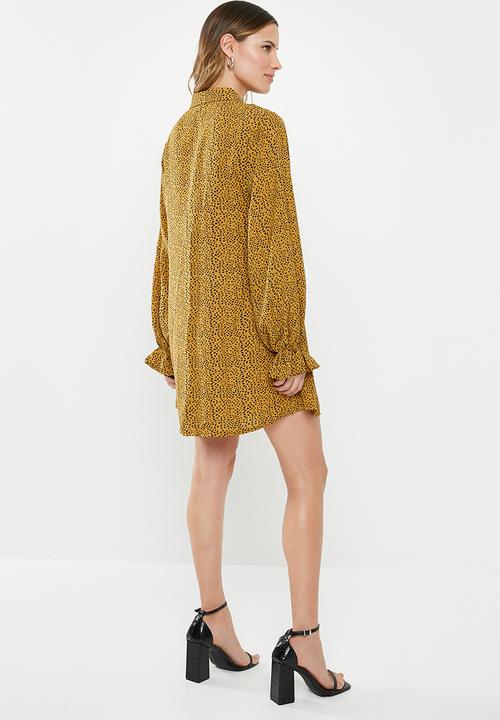 Missguided - Frill cuff shirt dress dalmation -  mustard